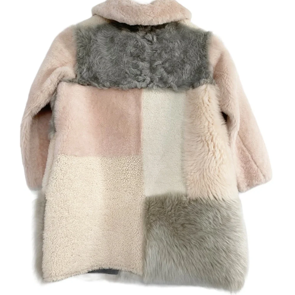 Bonpoint Girl’s Davos Coat Size 10Y Fur and Leather Pastel Patchwork NWT - Picture 2 of 6